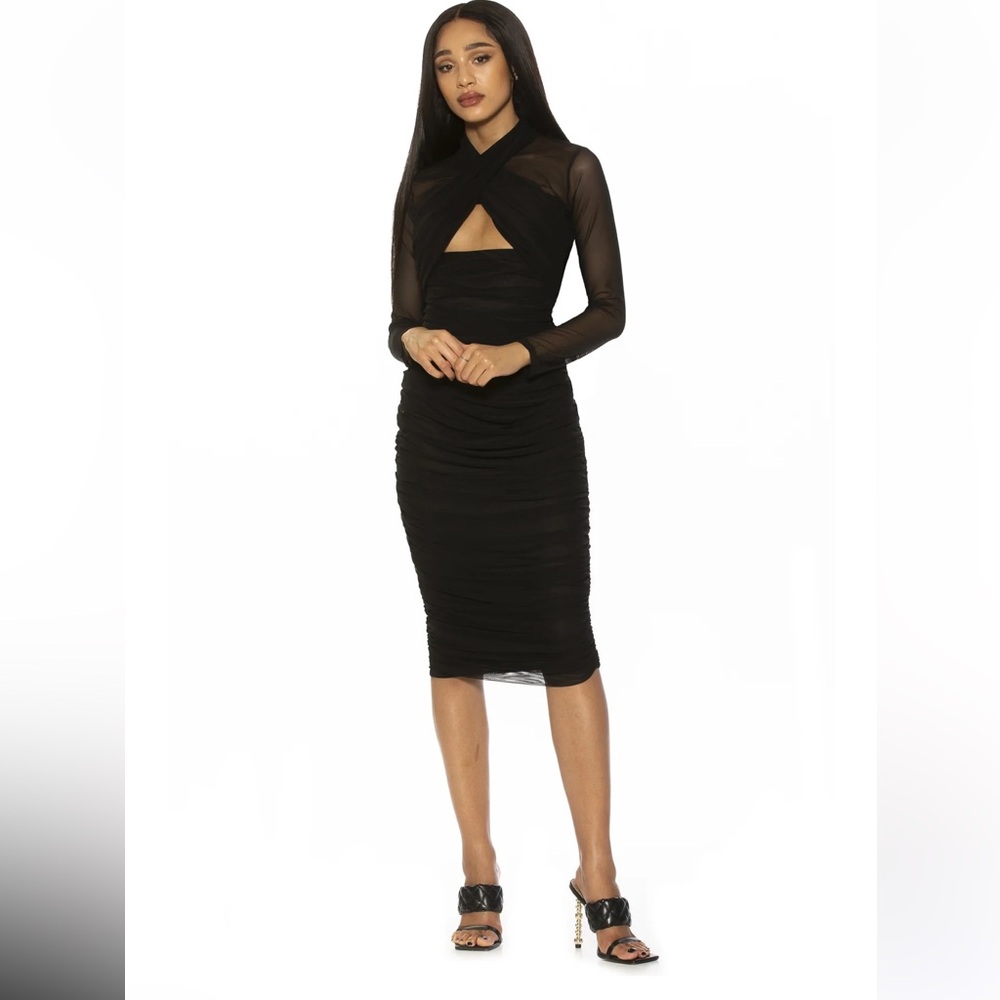 Alexia Admor | Black Long Sleeve Mesh Sheer Bodycon Midi Dress | Size Medium NWT